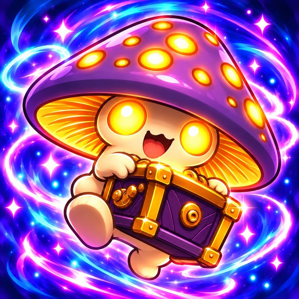 Mushroom boy holding a treasure chest